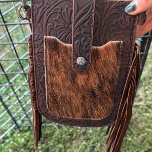 Small Fringe/ Tooled Crossbody Bag with Cowhide Accent